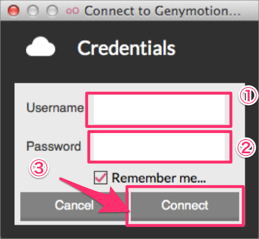 「Genymotion」に登録した「Username」と「Password」を入力し、「Connect」ボタンをクリック