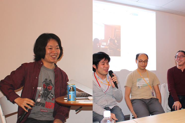マネーフォワードの技術顧問である松田明氏（写真右）と、Rubyコミッターの金子雄一郎氏（写真中央）