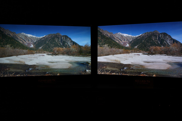 左側のディスプレイに映るハイビジョン映像に比べ、右側のICCを駆使した映像は人が脳内で認知するものに近付いている