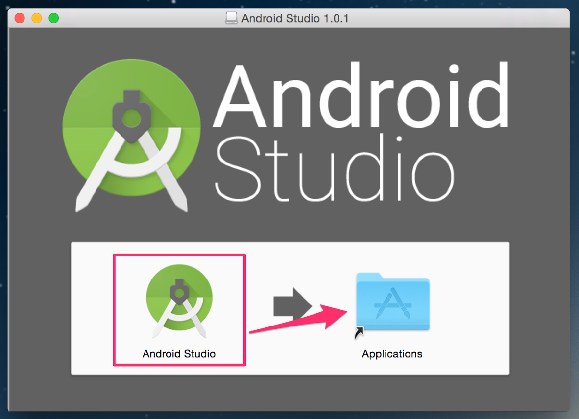 「Android Studio」を「アプリケーション」フォルダーにドラック＆ドロップ