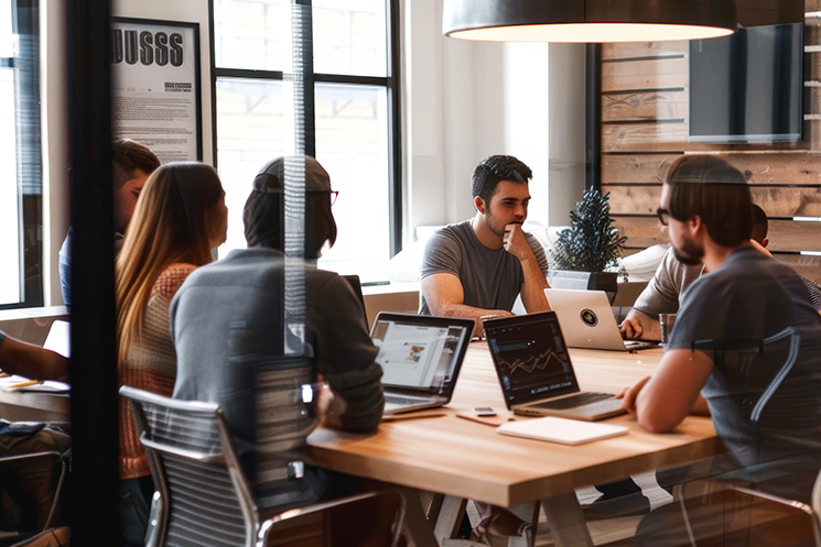 温かみのあるオフィスで議論を交わすエンジニアチームのイメージ。効率化や合理性を突き詰めた先に太田氏が見出した、『何を作るかよりも、誰と作るか』というエンジニアリングの本質と、日本社会が持つ互助の精神を象徴する一枚