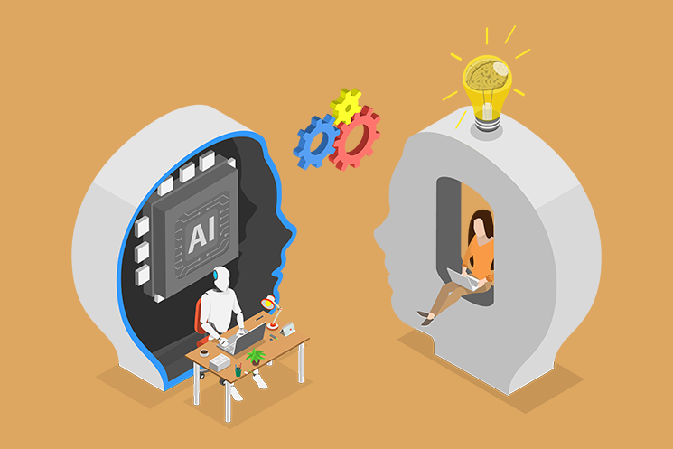 AIの論理的な処理能力と、人間の直感やアイデア、欲求を対比させたイラスト。AIを効率的な実行ツールとして活用しつつ、人間が「何を解決したいか」という根本的なモチベーション（電球のアイコンで表現）を供給し、両者が歯車のように連携して課題解決に向かう共生関係を示している