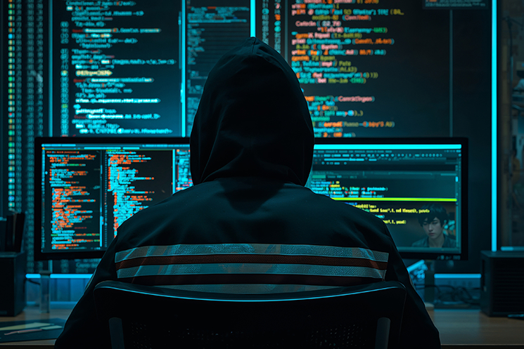 背後から見たハッカーのイメージ。ランサムウェア攻撃やDDoS攻撃、ゼロデイ攻撃といったサイバー脅威が深刻化する中、防御側がすべての脆弱性を塞ぐ必要があるのに対し、攻撃側は一つの穴を見つければ侵入できるという「攻撃者有利」の現状を象徴している。AIが悪用される現代において、守る側にも攻撃者の思考や低レイヤーの技術理解が不可欠であることを示唆する視覚イメージ
