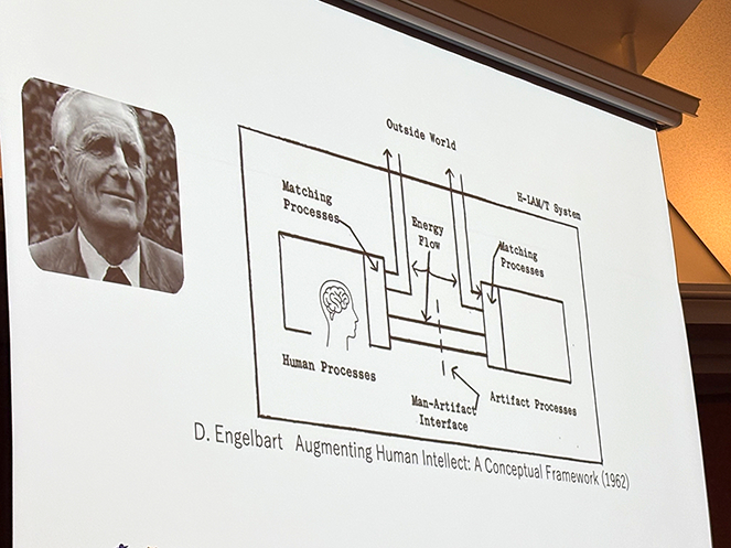 ダグラス・エンゲルバートが1962年に発表した「人間の知能増幅（Augmenting Human Intellect）」の概念図。左側に人間（Human Processes）、右側にアーティファクト（AIやコンピュータ）、その間にインターフェース（Man-Artifact Interface）を配置し、外部世界との情報の流れを円滑にすることが本質であると説いている。マウスやウィンドウという手段を超えた、知能拡張の壮大なビジョンを暦本純一教授が最終講義で引用した場面。