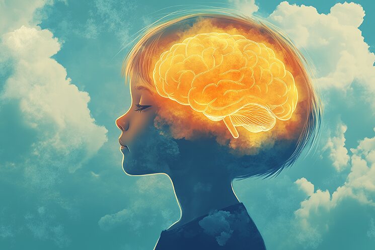 青空と白い雲を背景に、目を閉じた人物の頭部の中で脳のイラストが黄金色に明るく発光しているイメージ。脳内にある「やらなければいけない」という理性的思考と「燃え尽きてしまった」という感情的な部分がせめぎ合っている、行動に移す前の「脳内の出来事」に終始している状態を視覚的に表現している
