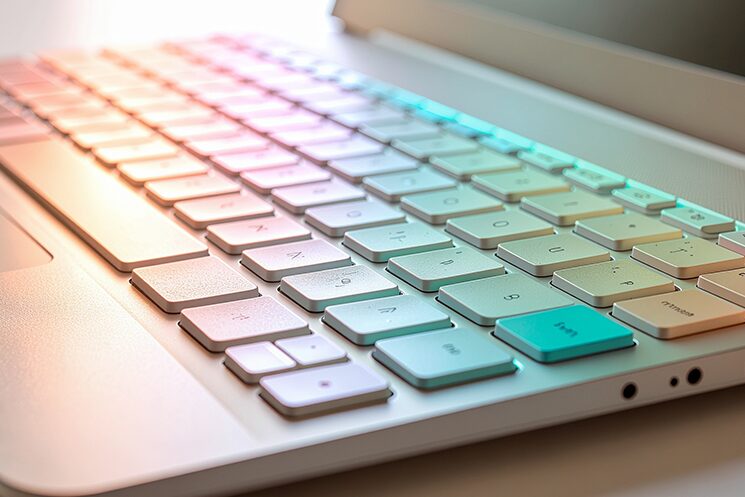 カラフルでクリーンな光が灯るノートパソコンのキーボードのクローズアップ。燃え尽き状態から脱出するために「まず動く」を実行し、キーボードを掃除して綺麗に仕上げた直後の状態を表しており、脳に作業興奮のスイッチを入れ、小さな成功体験を視覚的に実感するプロセスを象徴している