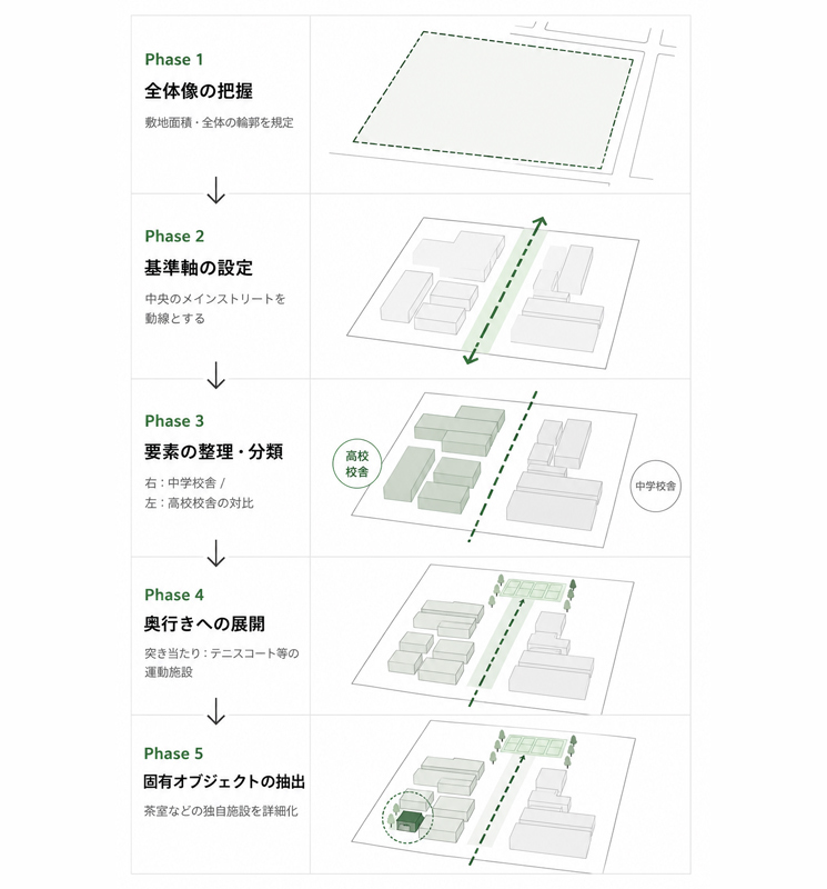 空間配列のトレーニングにおける思考・表現プロセスを示すフローチャート。Phase 1の「全体像の把握（敷地面積・輪郭の規定）」から、Phase 2「基準軸の設定（中央のメインストリートを動線化）」、Phase 3「要素の整理・分類（右の中学校舎と左の高校校舎の対比）」、Phase 4「奥行きへの展開（突き当たりのテニスコート等）」、Phase 5「固有オブジェクトの抽出（茶室等の詳細化）」へと至る5段階の構造化手順を視覚化している