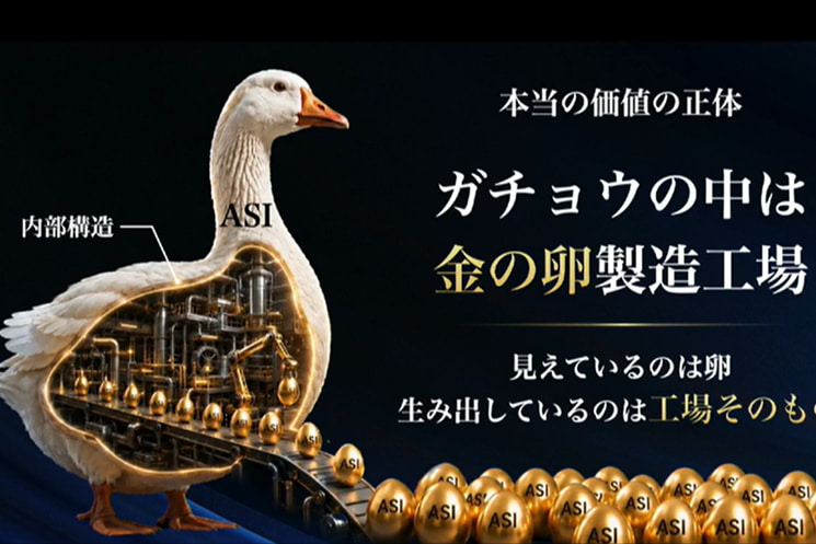 第46回ソフトバンクグループ定時株主総会（2026年）にて、SBGの本質を「金の卵の製造工場」として表現したスライドを提示する孫正義氏。ガチョウの内部構造が工場パイプラインのようになっており、次々と「ASI」と刻まれた金の卵が生産ラインから生み出されているビジュアルを通じて、投資会社としての育成力と価値創造の本質を説明する場面