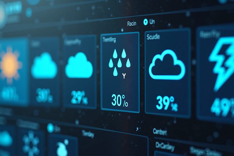 デジタル画面に並ぶ天気予報のアイコン。中央の雨雲マークには「降水確率30%」と表示されている。40代エンジニアの転職において「100%の確証」を求めるのではなく、降水確率に応じた情報収集（デバッグ）と折りたたみ傘（準備）を持って一歩を踏み出す重要性を説明する澤円氏の比喩表現