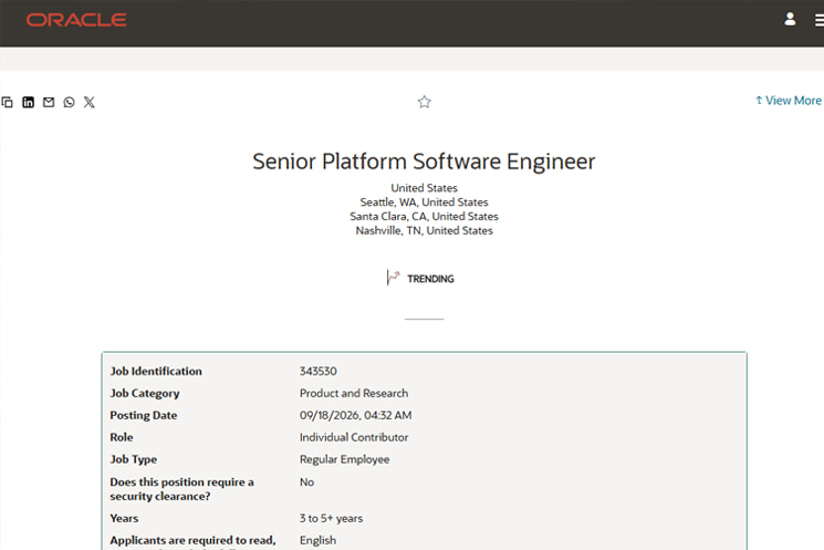 Oracleが2026年9月に掲載したSoftware Developerの求人
