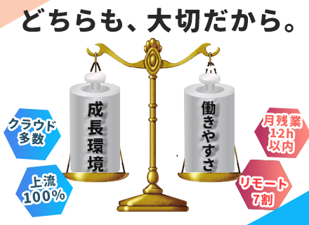 インフラエンジニア/上流100%/受託案件多数/チーム制100％/月残業12h/クラウド案件多数/リモート7割